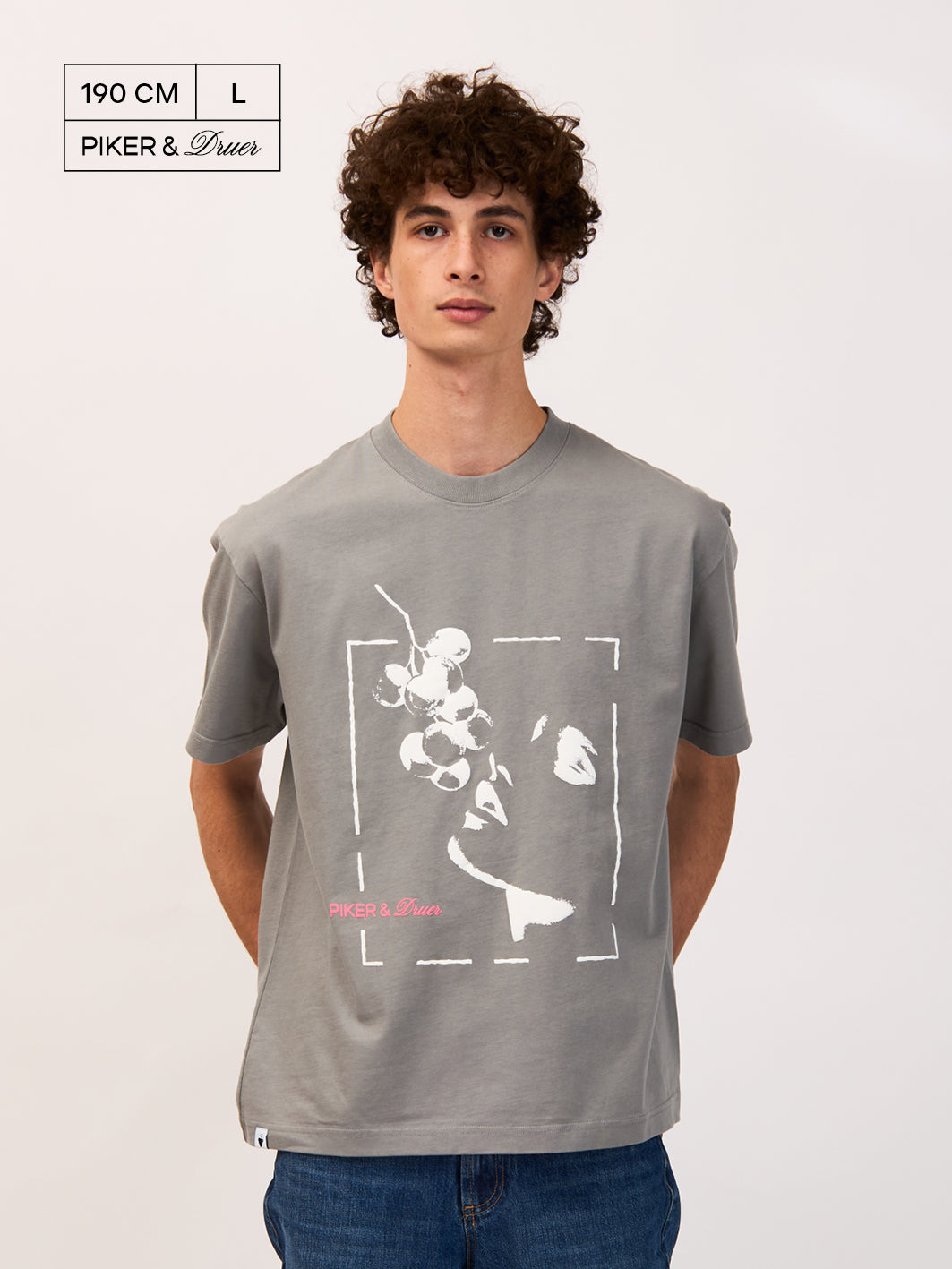 Piker&Druer T-shirt – vintage grey with white and pink print